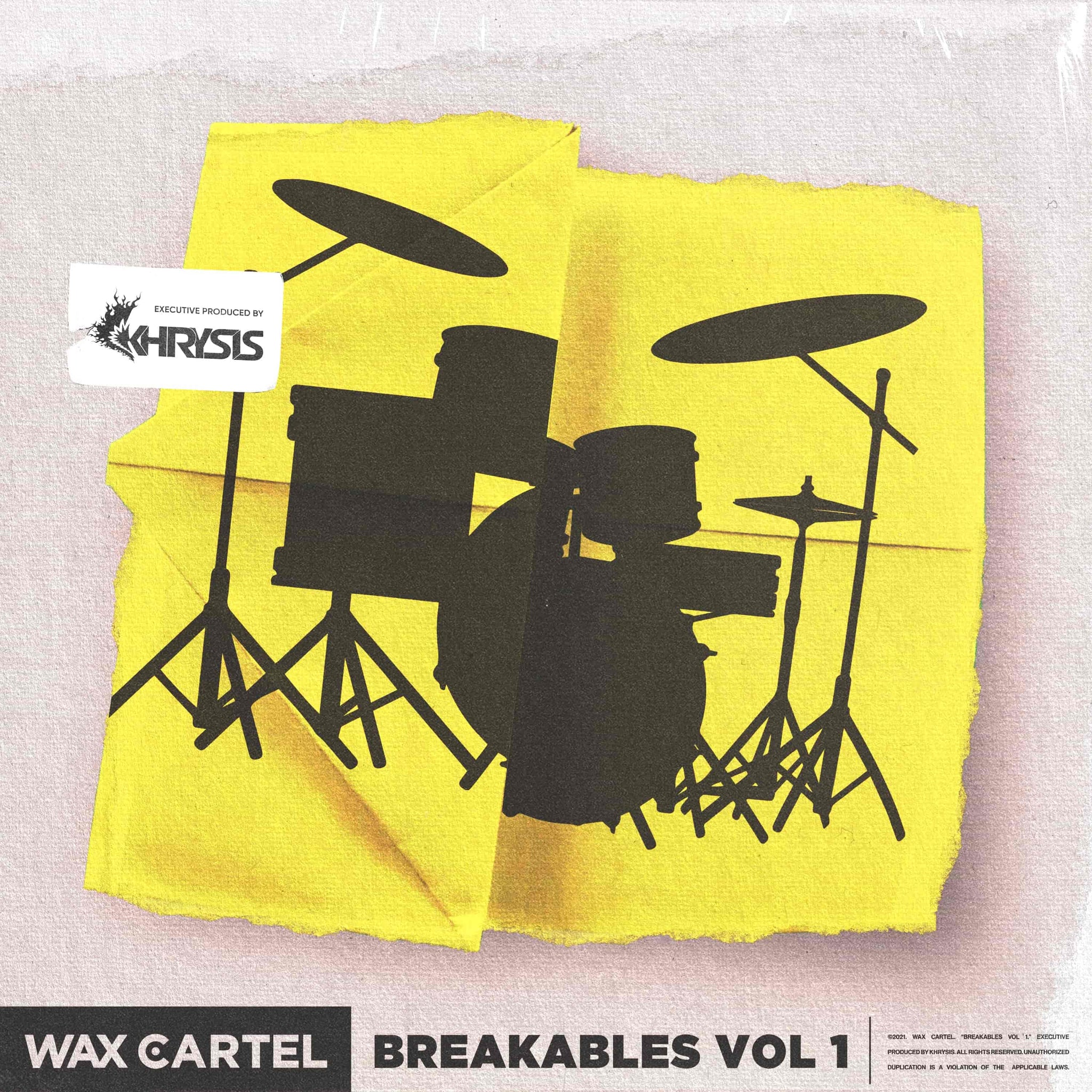Product cover featuring yellow backdrop with black drum silhouette titled "Breakables one". This drum break kit is featuring Khrysis, producer for Jamla Records and member of 9th Wonder's Soul Council.