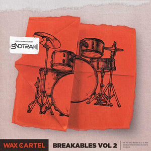 Product cover featuring red backdrop with black drum silhouette titled "Breakables two". This drum kit is produced by Soundtrack (Sndtrak), representing Jamla Records and 9th Wonder's Soul Council.