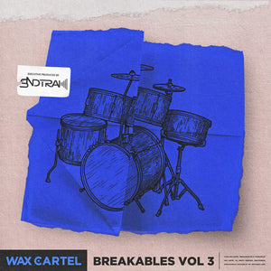 Product cover featuring blue backdrop with black drum silhouette titled "Breakables three". This drum kit is produced by Soundtrack (Sndtrak), representing Jamla Records and 9th Wonder's Soul Council.