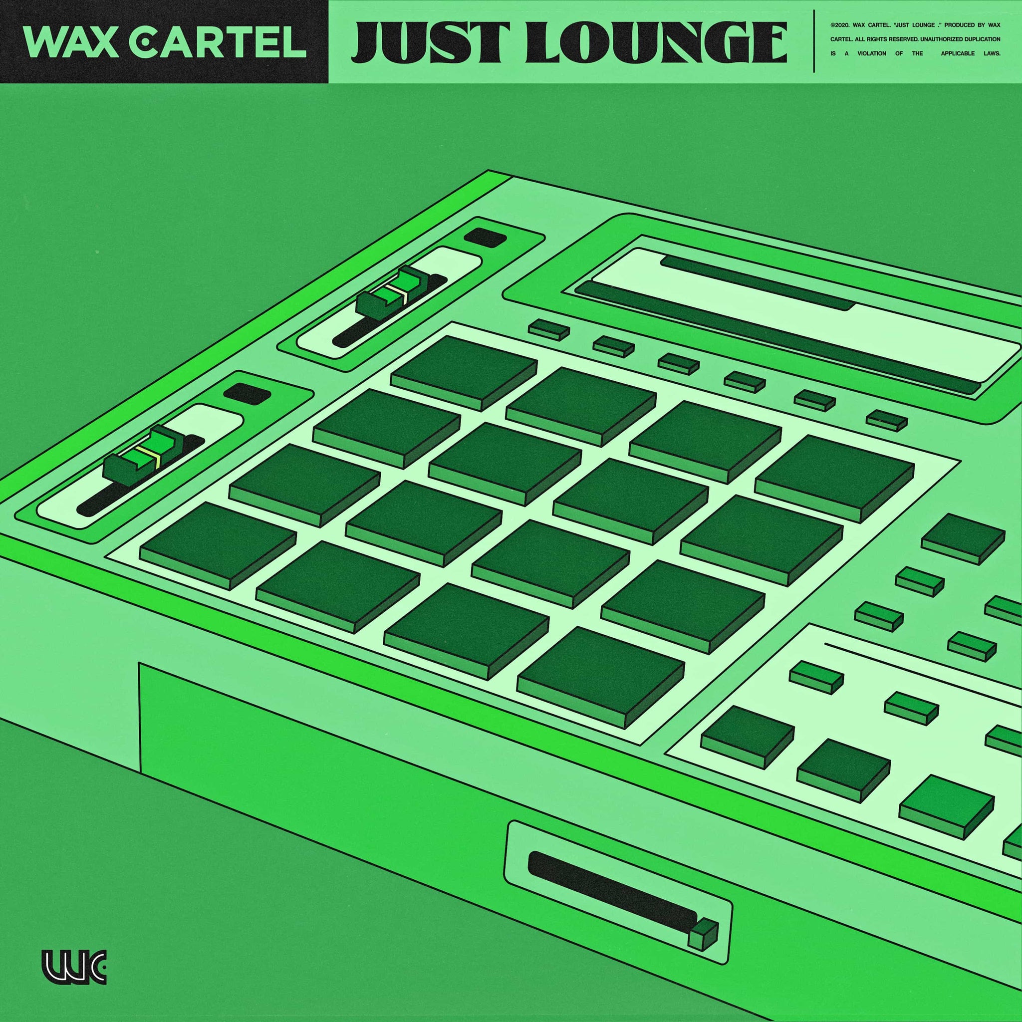 Green cover artwork featuring a hand drawn sampling machine for the R&B influenced sample pack titled "Just Lounge"