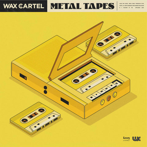 Yellow cover artwork featuring a hand drawn cassette player for this lofi sample pack titled "Metal Tapes"