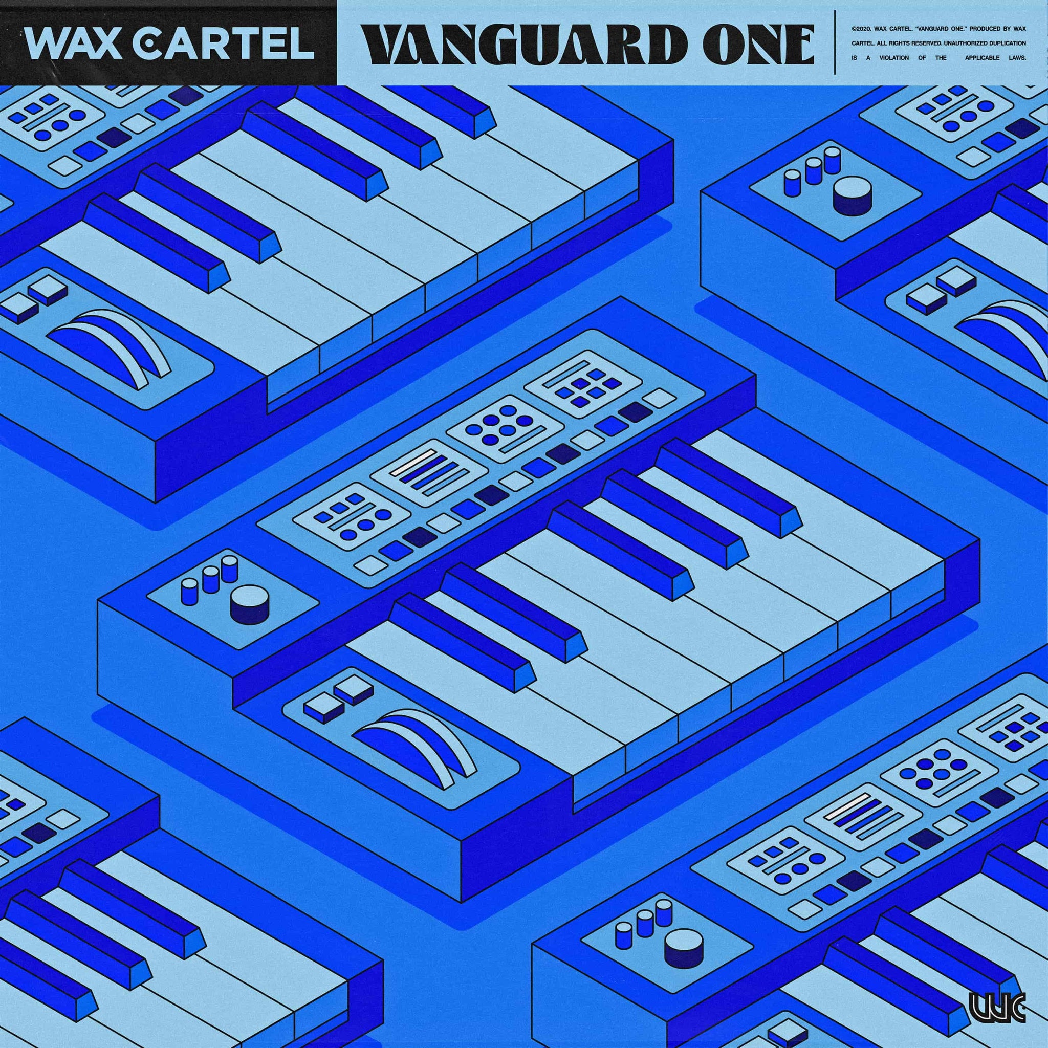 Blue cover artwork with multiple hand drawn keyboards for the soulful keys sample pack titled "Vanguard One""