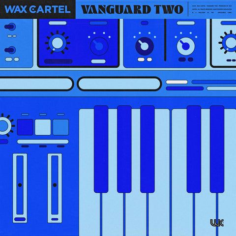 Blue cover artwork with large keyboard for soulful keys sample pack titled "Vanguard Two"