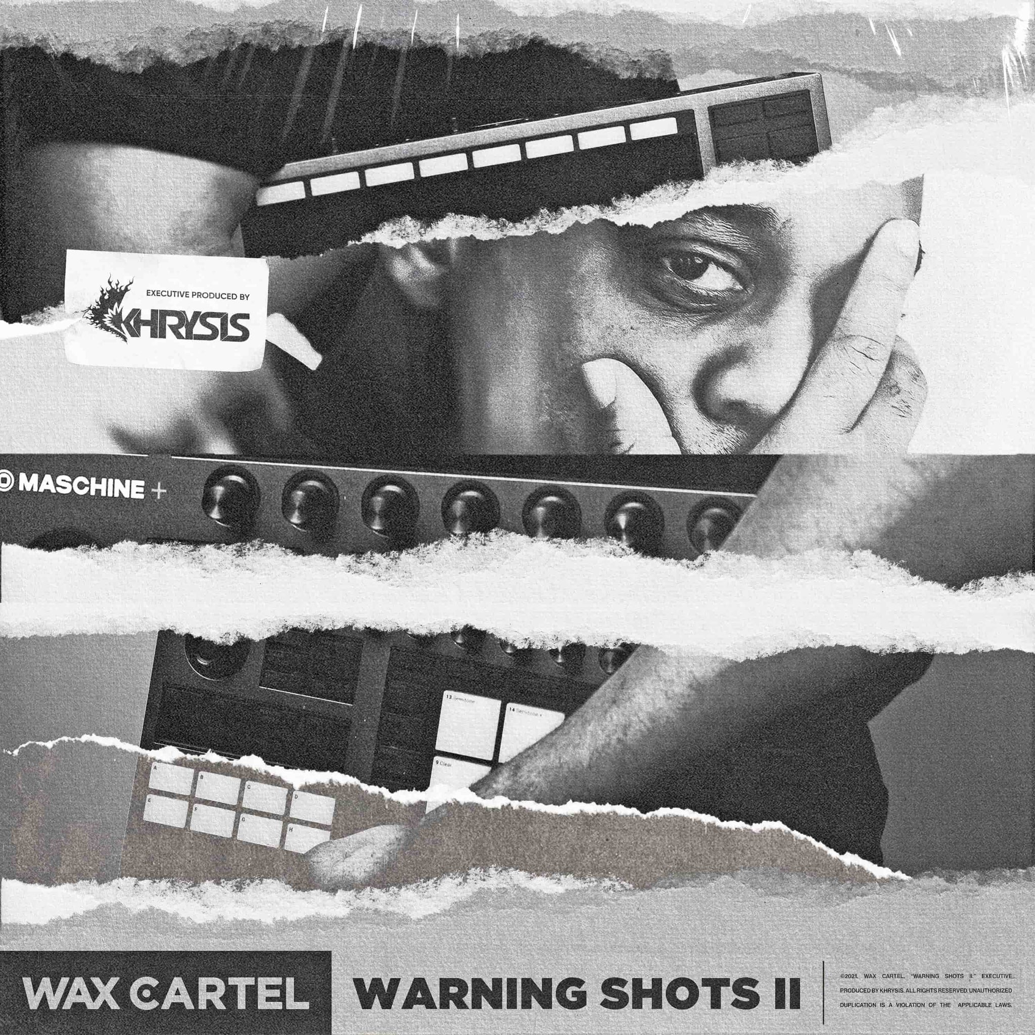 Black and white cover for drumbreak sample pack titled "Warning Shots 2" featuring Khrysis, producer for Jamla Records and member of 9th Wonder's Soul Council. 