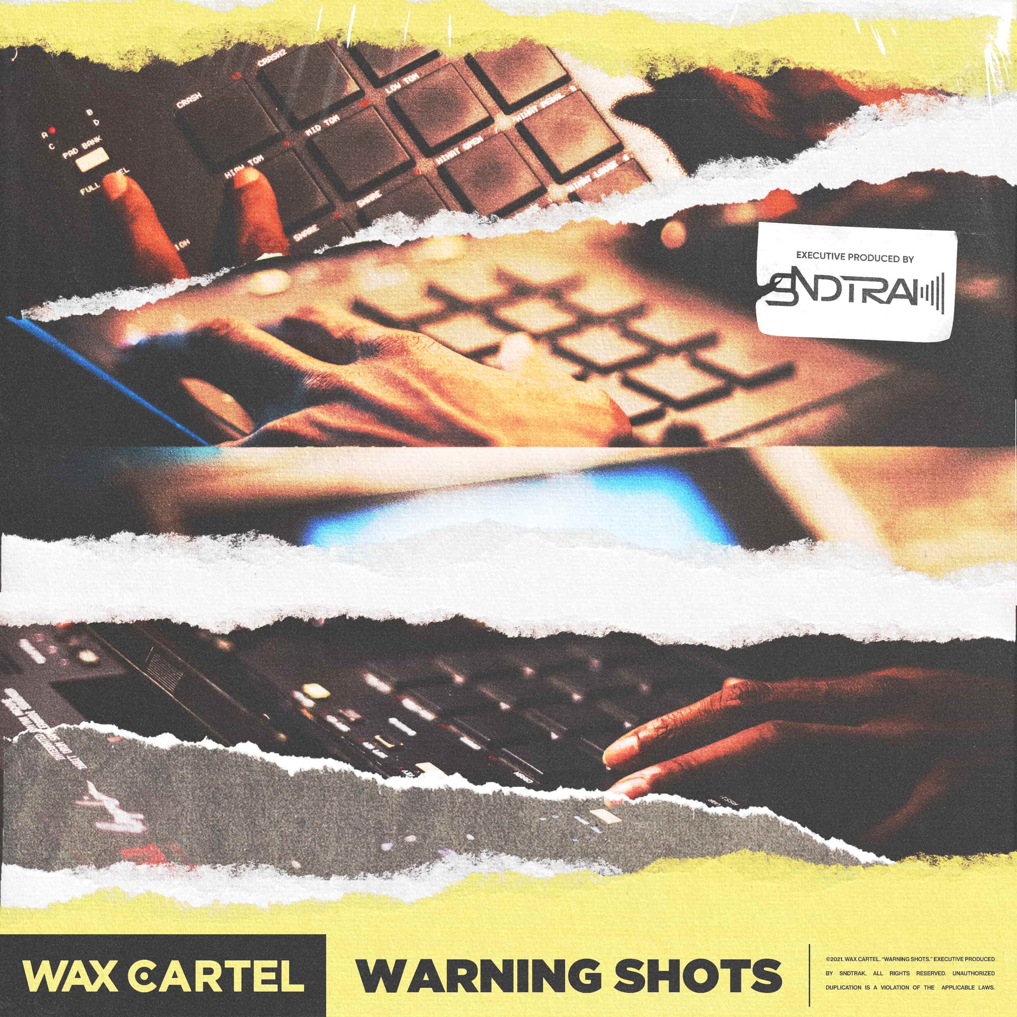 Yellow and black artwork featuring a Mpc 3000 for drum break sample pack titled "Warning Shots" produced by Soundtrack (Sndtrak), Jamla producer and member of 9th Wonder's Soul Council.